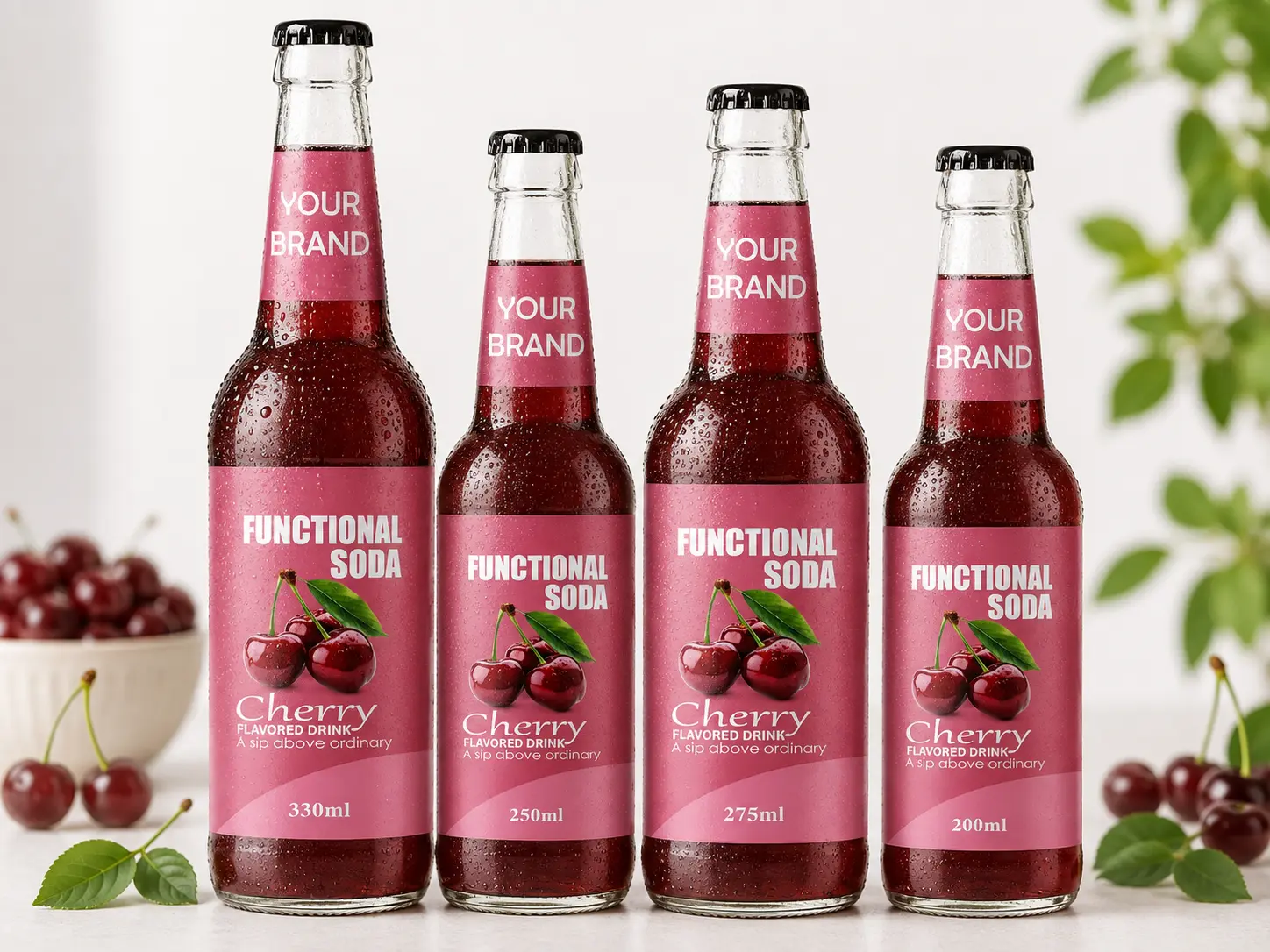 FUNCTIONAL SODA Cherry Flavored Drink in 200ml, 250ml, 275ml and 330ml glass bottles.